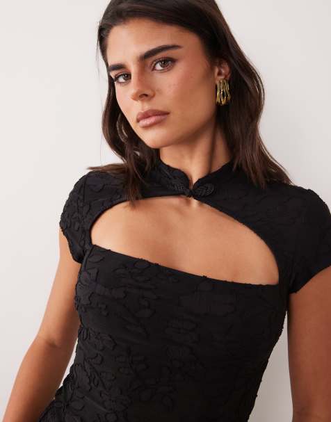 ASOS DESIGN devore mesh met mandarijnkraag en kapmouwtjes in zwart - view 1