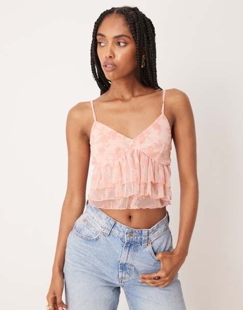 ASOS DESIGN devore mesh ruffle cami top in pastel pink - view 1