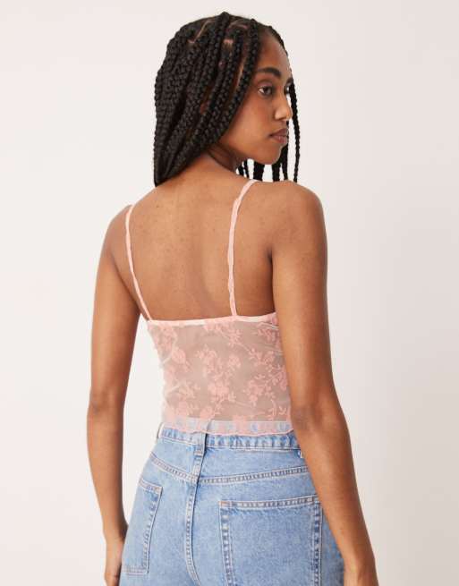 ASOS DESIGN devore mesh ruffle cami top in pastel pink, 2 of 4