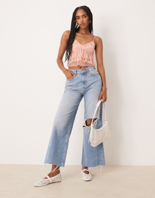 ASOS DESIGN devore mesh ruffle cami top in pastel pink, 3 of 4
