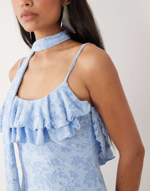 ASOS DESIGN - Devoré mini jurk met ruches en sjaaldetail in blauw, 3 van 4