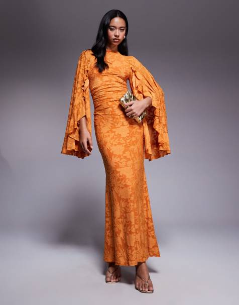 ASOS DESIGN devore modesty maxi dress with extreme wide sleeves and drop waist detailing in orange - view 1