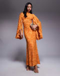 [ASOS DESIGN] ASOS DESIGN devore modesty maxi dress with extreme wide sleeves and drop waist detailing in orange 8 Orange