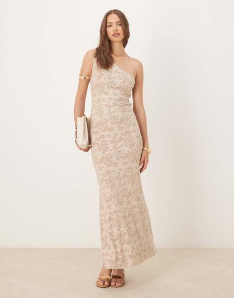 ASOS DESIGN devore one shoulder maxi dress with tie back detail in stone - view 1