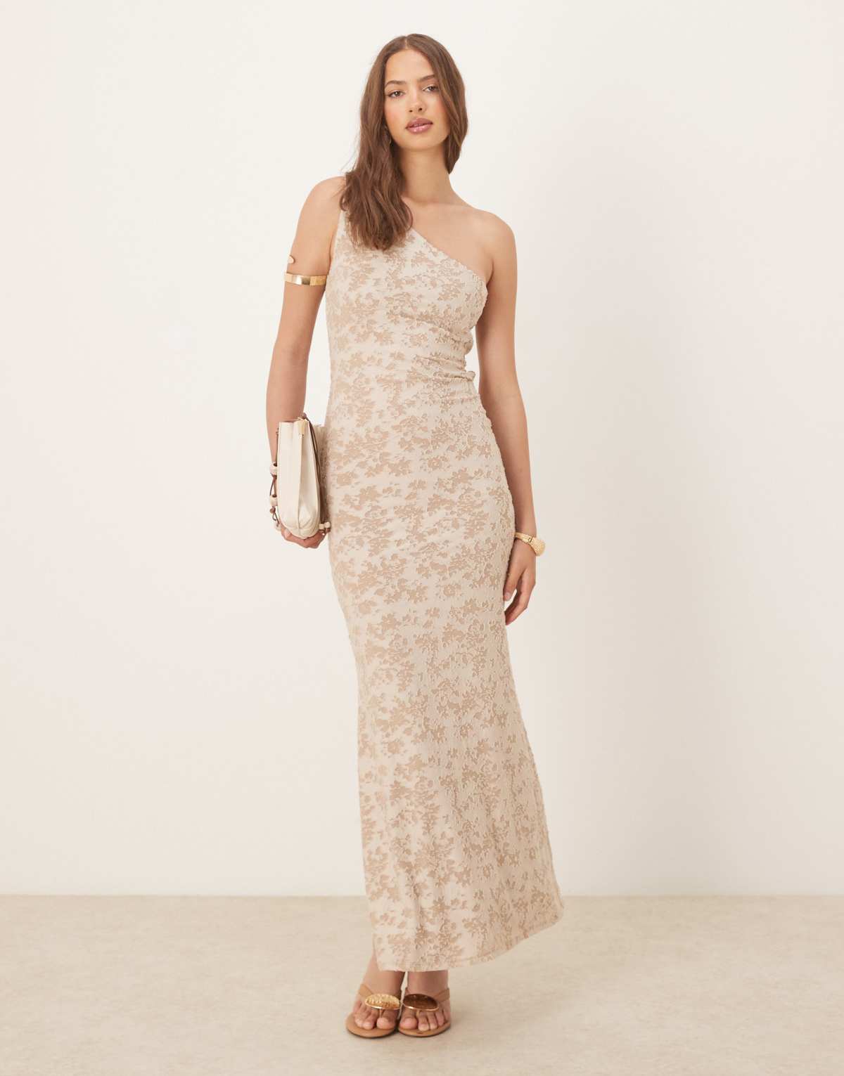 ASOS DESIGN devore one shoulder maxi dress with tie back detail in stone