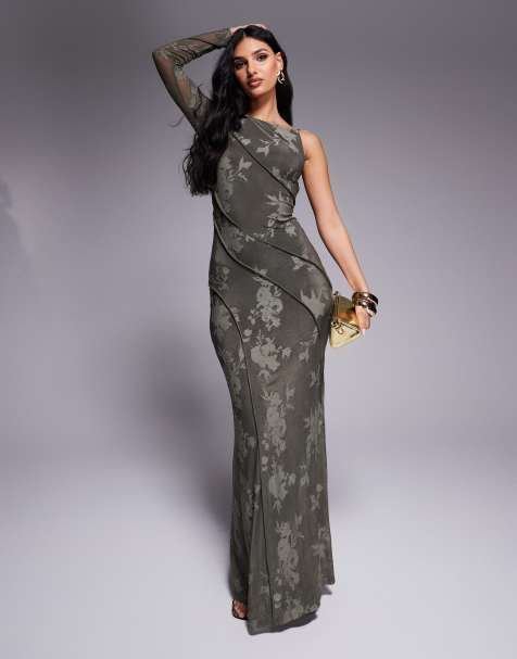 ASOS DESIGN devore one sleeve maxi dress with open back and exposed seam details in khaki