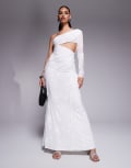 [ASOS DESIGN] ASOS DESIGN devore one sleeve maxi dress with open back and exposed seam details in white 14 White