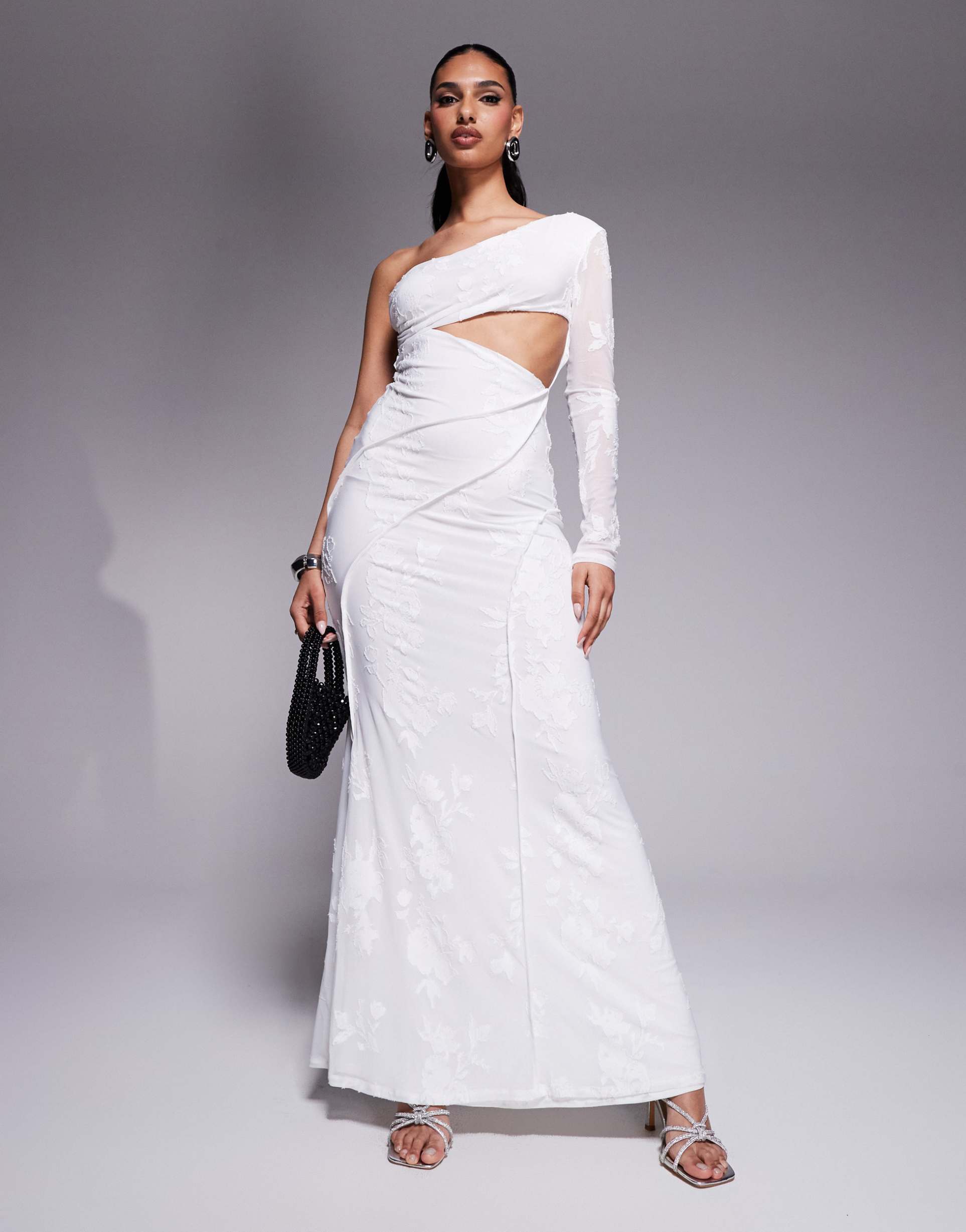 asos design devore one-sleeve maxi dress with open back and exposed seam details in white