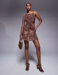 [ASOS DESIGN] ASOS DESIGN devore one sleeve mini dress with open back and exposed seam details in brown 6 Brown
