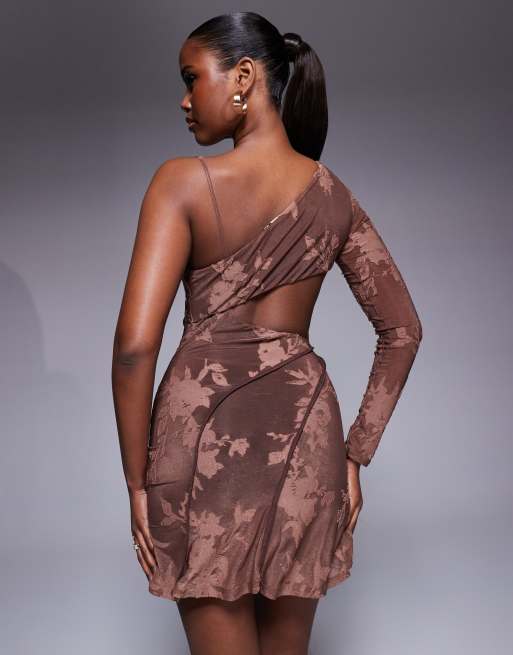 ASOS Design devore one sleeve mini dress with open back and exposed seam details in brown