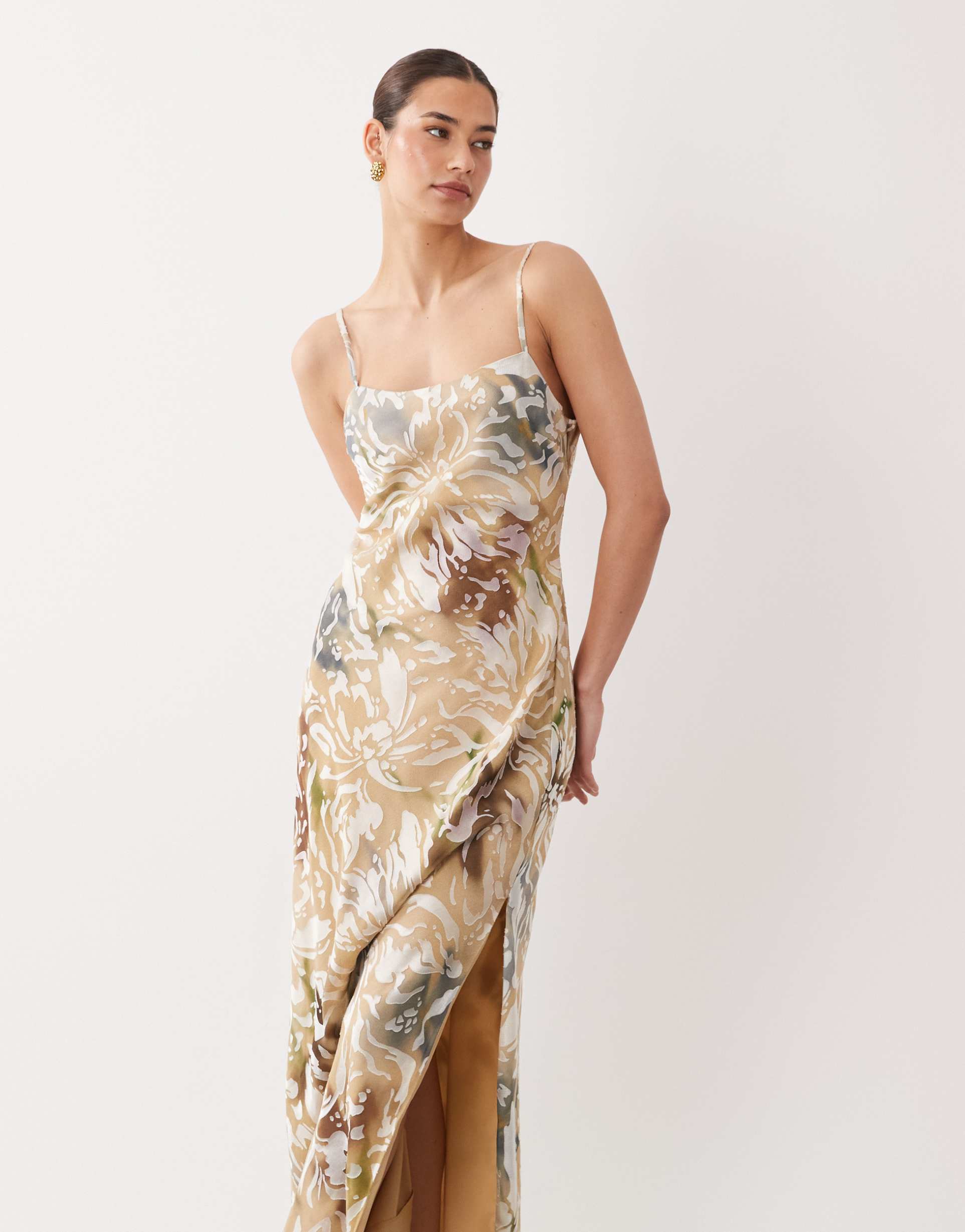 asos design devore printed slip maxi dress in brown floral