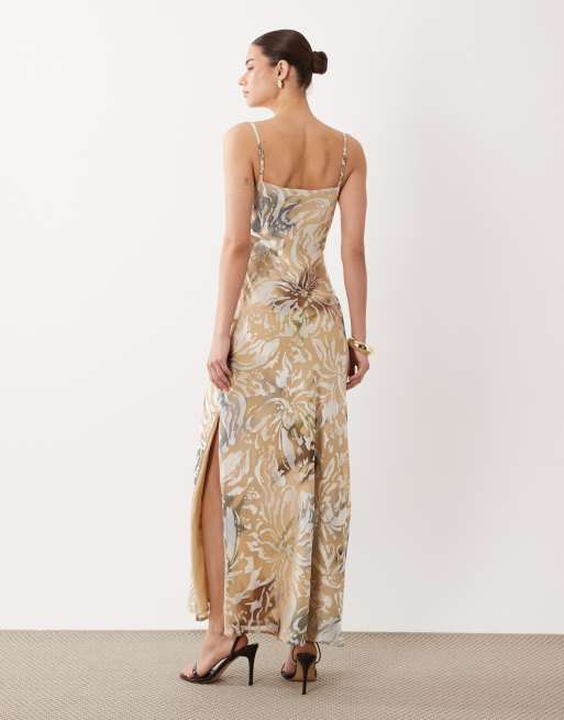 ASOS DESIGN devore printed slip maxi dress in brown floral, 3 of 4
