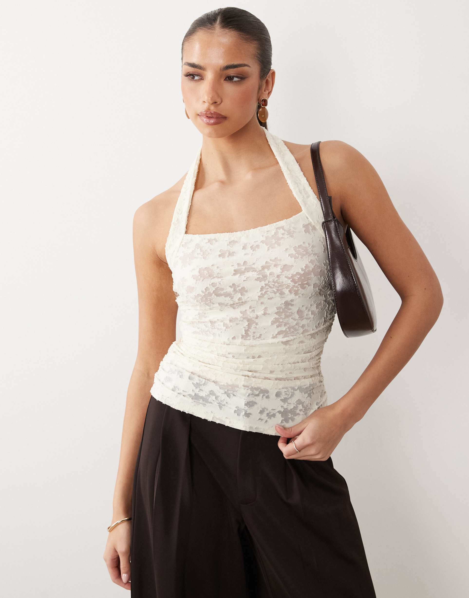 asos design devore ruched halter top in cream