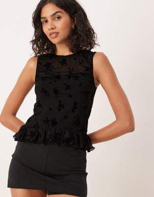ASOS DESIGN devore ruched top with peplum hem in black - view 1