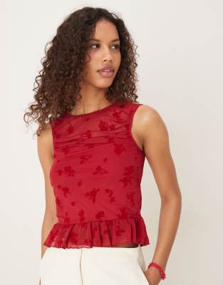 ASOS DESIGN devore ruched top with peplum hem in burgundy - view 1