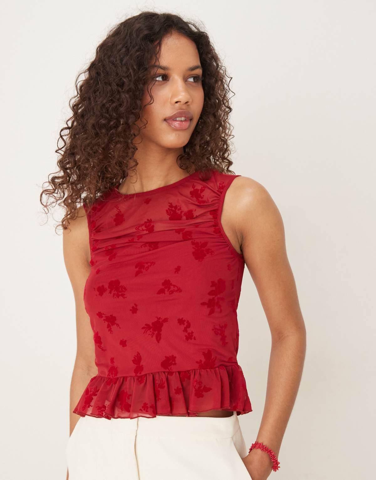 ASOS DESIGN devore ruched top with peplum hem in green