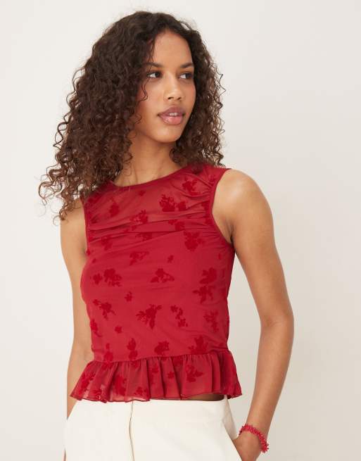 ASOS DESIGN devore ruched top with peplum hem in green