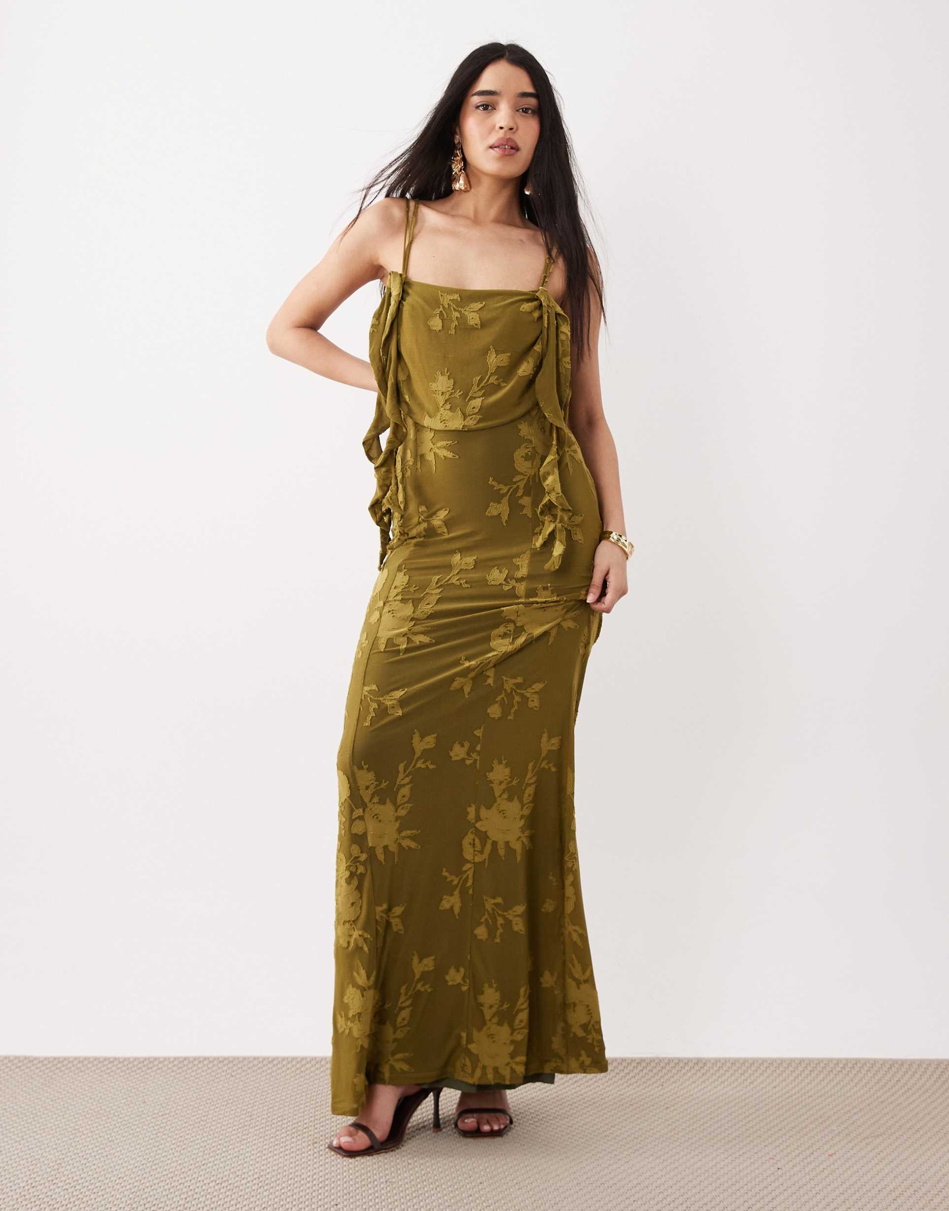 asos design devore ruffle maxi dress in olive green