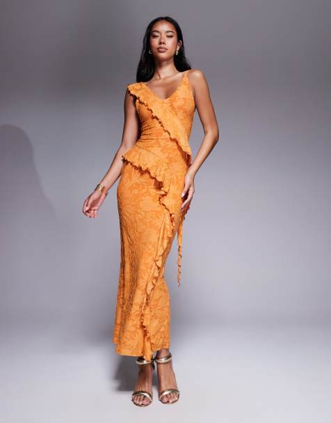ASOS DESIGN devore ruffle strappy back maxi dress in orange - view 1