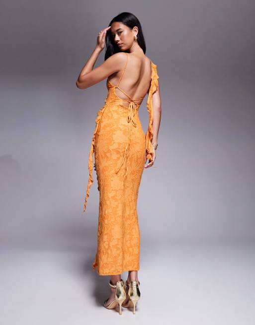 ASOS DESIGN devore ruffle strappy back maxi dress in orange