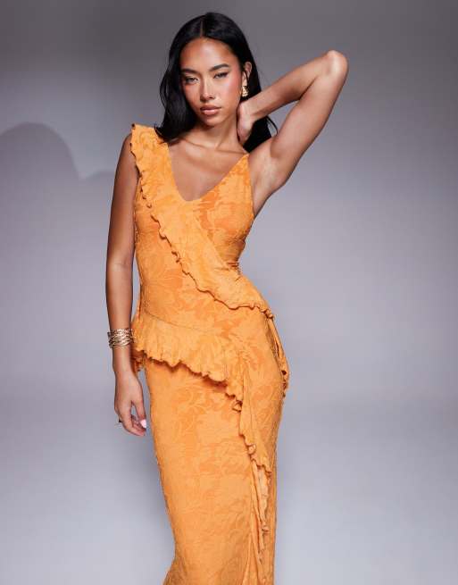 ASOS DESIGN devore ruffle strappy back maxi dress in orange