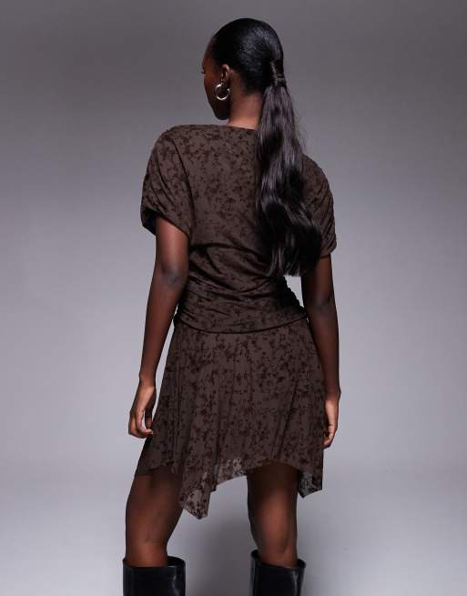 ASOS DESIGN devore short sleeve drapey mini dress in chocolate, 2 of 4