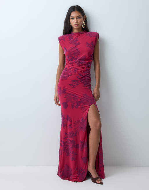 ASOS DESIGN devore shoulder pad cap sleeve maxi dress with slit in fuschia pink flock, 4 of 5