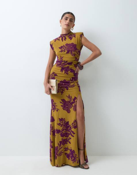 ASOS DESIGN devore shoulder pad cap sleeve maxi dress with slit in yellow - view 1
