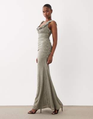 Asos Design Devore Square Neck Maxi Dress With Frill Neckline In Brown