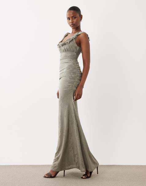 ASOS DESIGN devore square neck maxi dress with frill neckline in sage - view 1