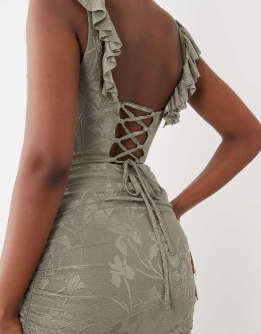 ASOS DESIGN devore square neck maxi dress with frill neckline in sage, 3 of 4