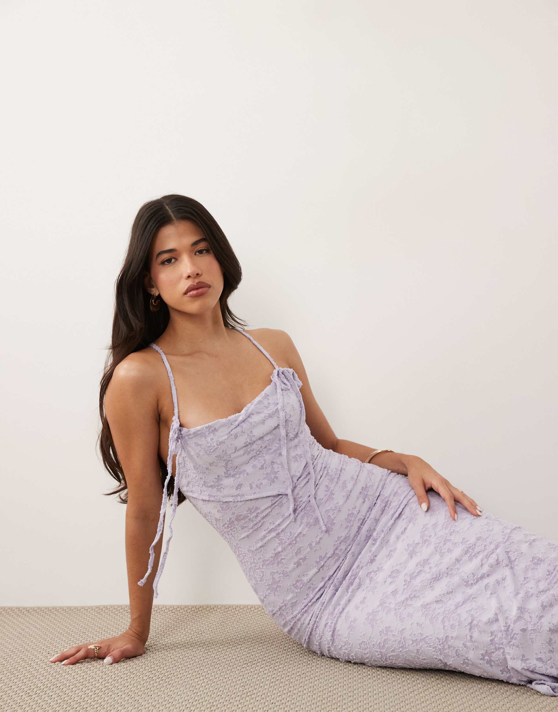 asos design devore strappy maxi dress with tie detailing in lilac