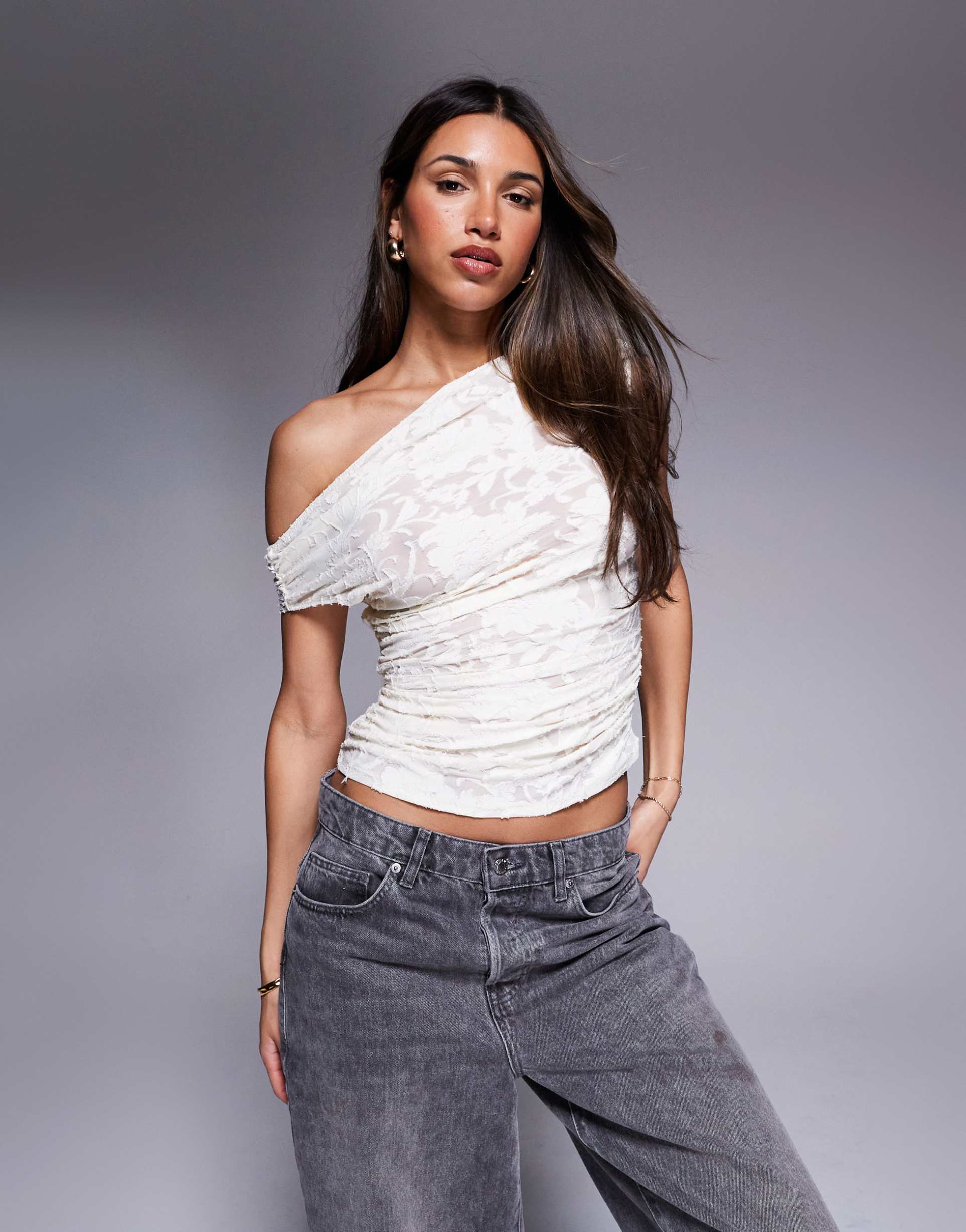 asos design devore texture gathered short sleeve off the shoulder mesh top in cream
