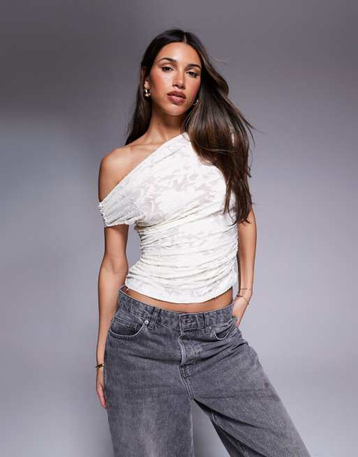 ASOS DESIGN devore texture gathered short sleeve off the shoulder mesh top in cream