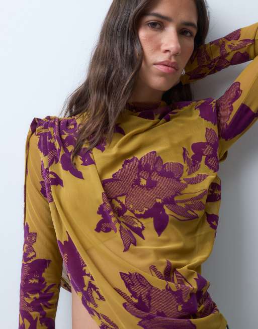 ASOS DESIGN devoré-top med skulderpuder, drapering og lange ærmer i lilla og olivengrøn, 2 af 4