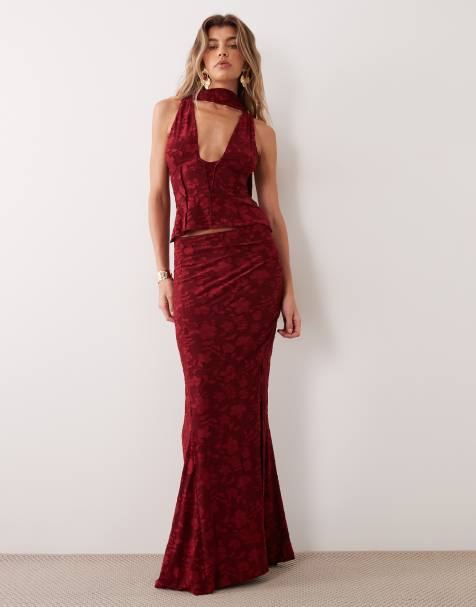 ASOS DESIGN devore top & skirt set in wine - view 1