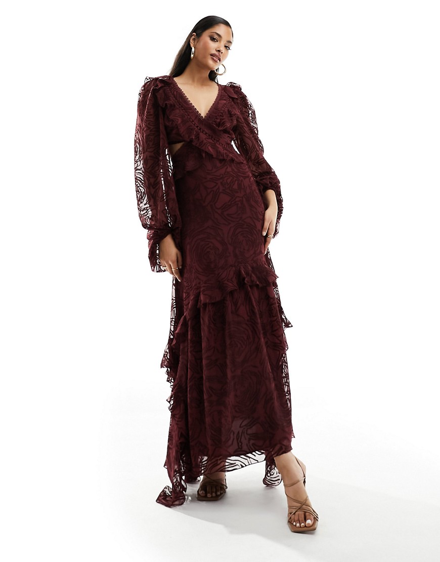 ASOS DESIGN devoree cut out waist maxi dress with open back in burgundy-Red