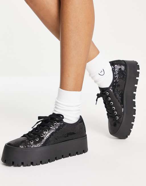 ASOS DESIGN - Devoted - Sneakers met dikke zool in zwarte lovertjes