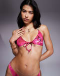 [ASOS DESIGN] ASOS DESIGN Di tie front triangle bikini top in floral print-Pink 4 Pink