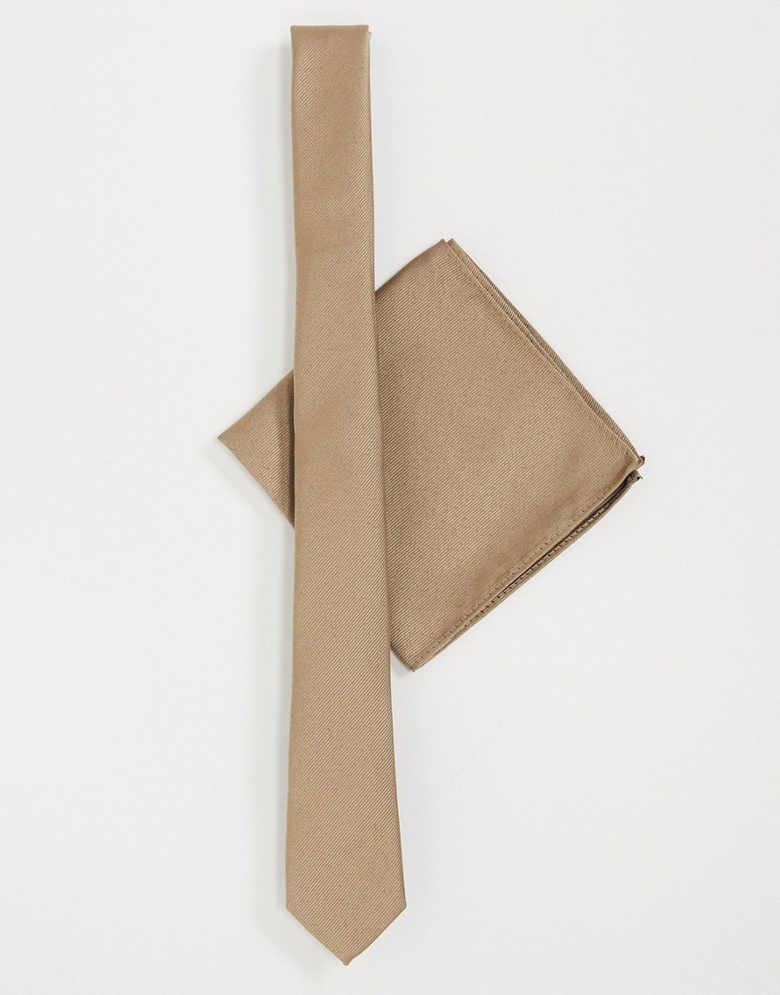 ASOS DESIGN - Diagonaal geribbelde smalle stropdas en pochet in kiezelkleur-Beige
