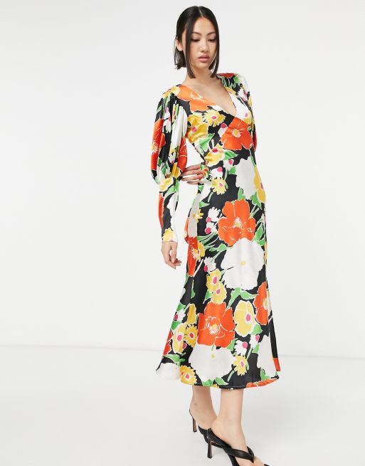 Zwakheid leg uit snap ASOS DESIGN - Diagonaal gesneden satijnen midi jurk met pofmouwen en grote  bloemen | ASOS