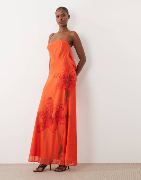 ASOS DESIGN diagonalskuren kolumnformad midiklänning med draperad rygg och kontrasterande kantband i orange placerat tryck - view 1