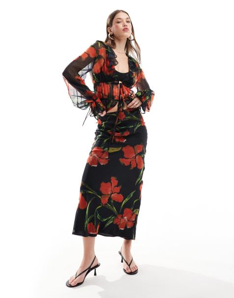 ASOS DESIGN – Diagonalskuren maxikjol i chiffong med blommönster, del av set - view 1
