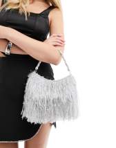 ASOS DESIGN faux feather clutch bag with silver handle in white | ASOS