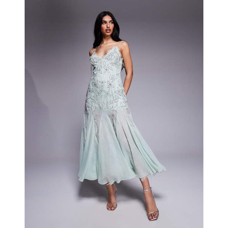 ASOS DESIGN diamante beaded midi dress with lace trim and flare hem in sage  | ASOS