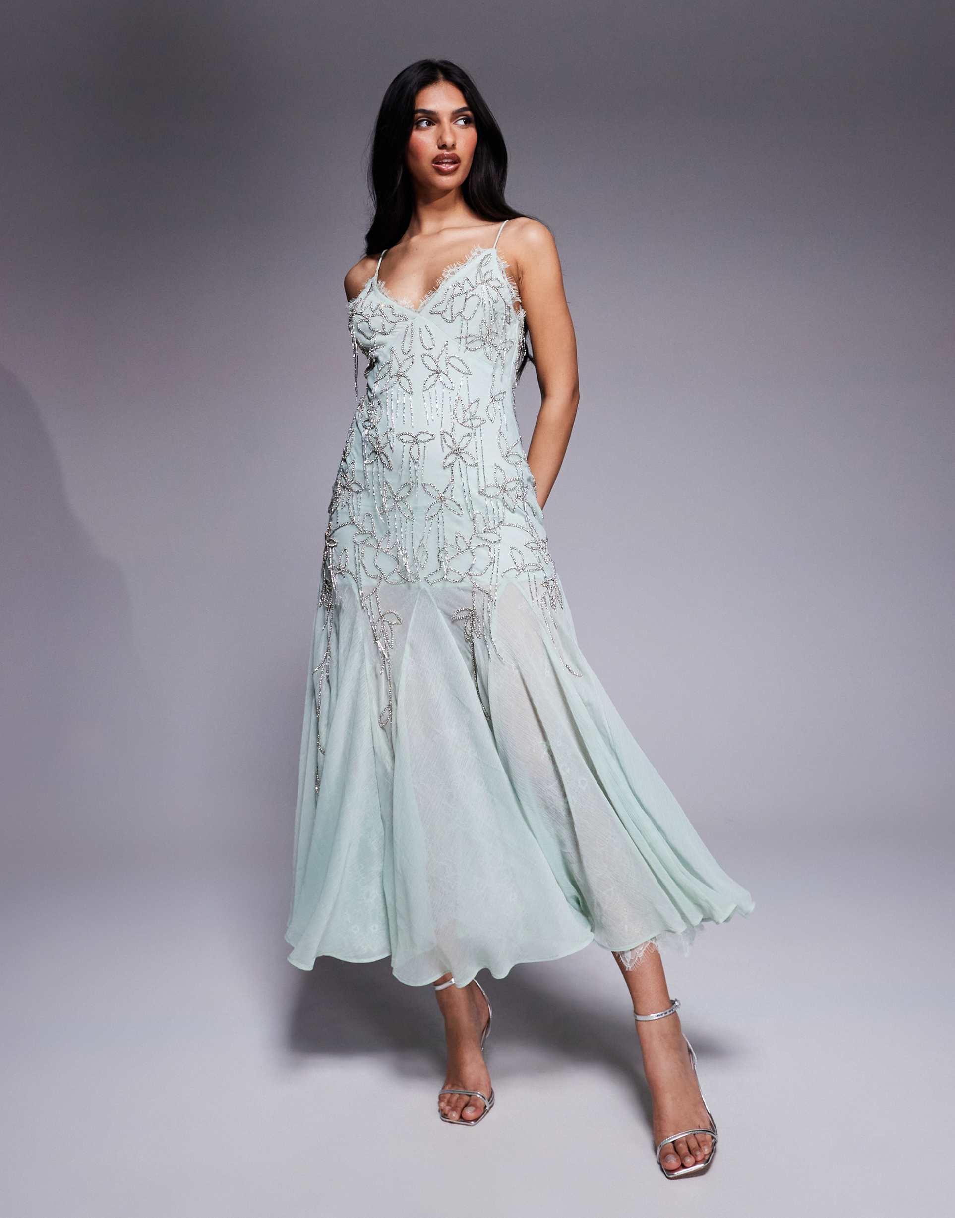 asos design diamante beaded midi dress with lace trim and flare hem in sage