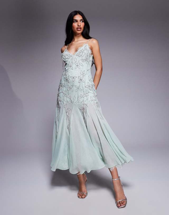 ASOS DESIGN diamante beaded midi dress with lace trim and flare hem in sage  | ASOS