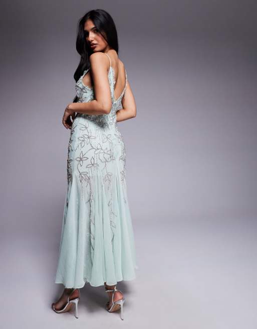 ASOS DESIGN diamante beaded midi dress with lace trim and flare hem in sage
