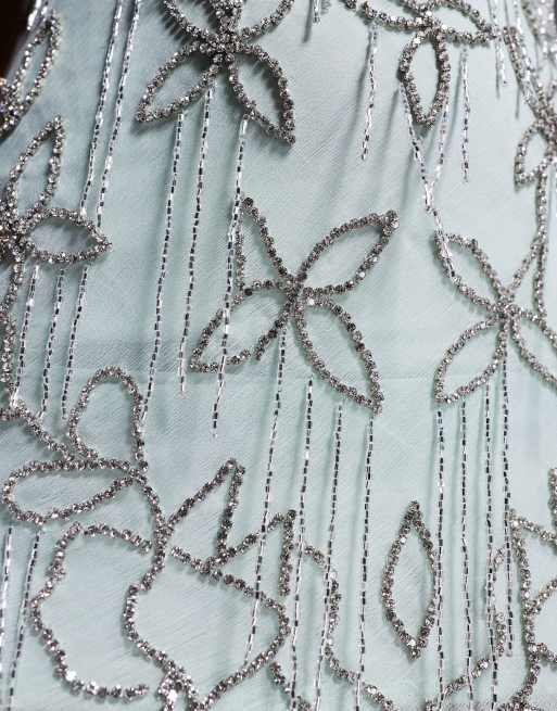 ASOS DESIGN diamante beaded midi dress with lace trim and flare hem in sage