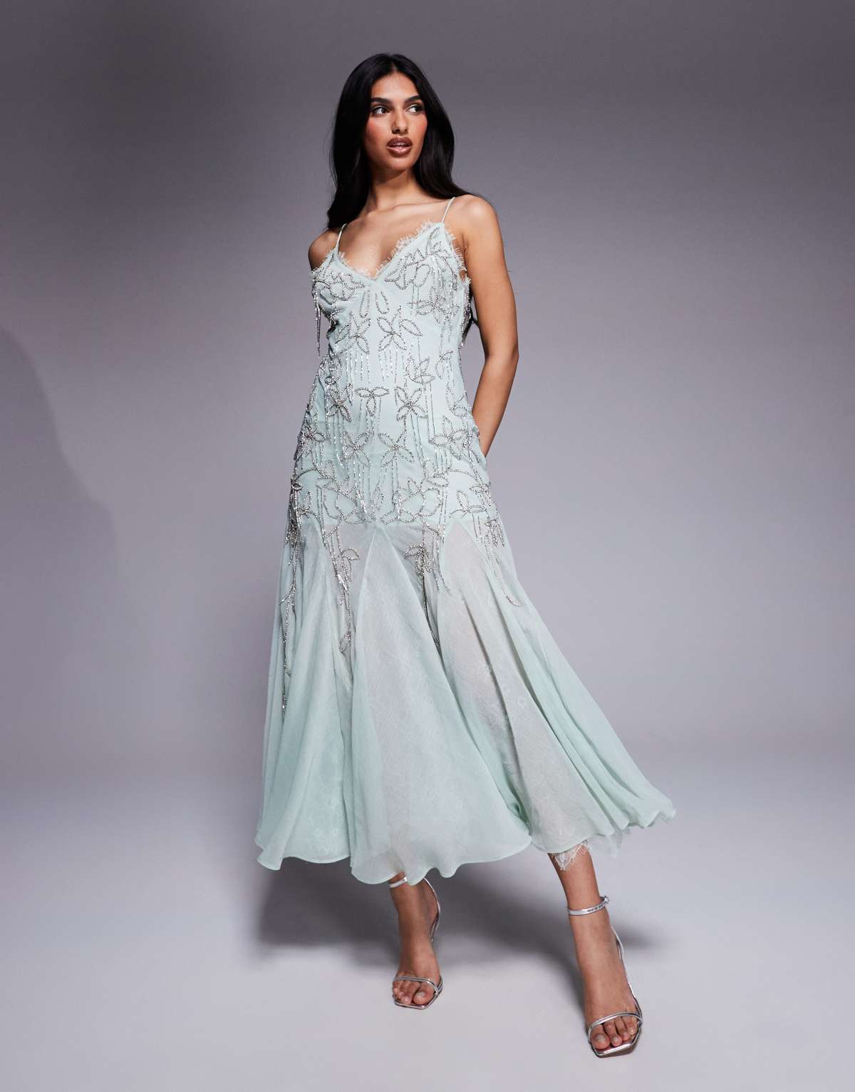 ASOS DESIGN diamante beaded midi dress with lace trim and godet hem in sage